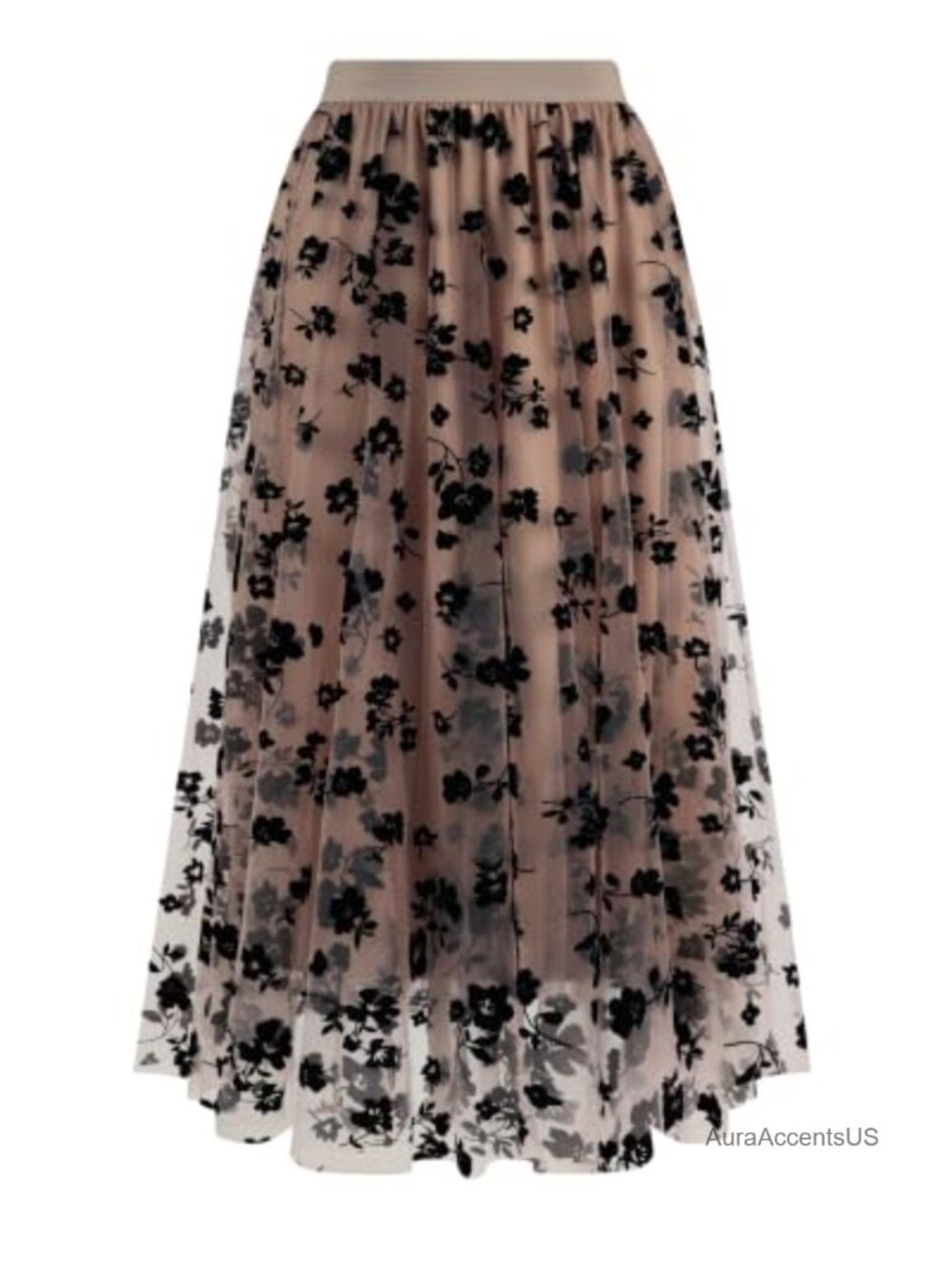Women Layered Mesh Midi Skirt 3D Floral Tulle A-Line Elastic Waist Fairy